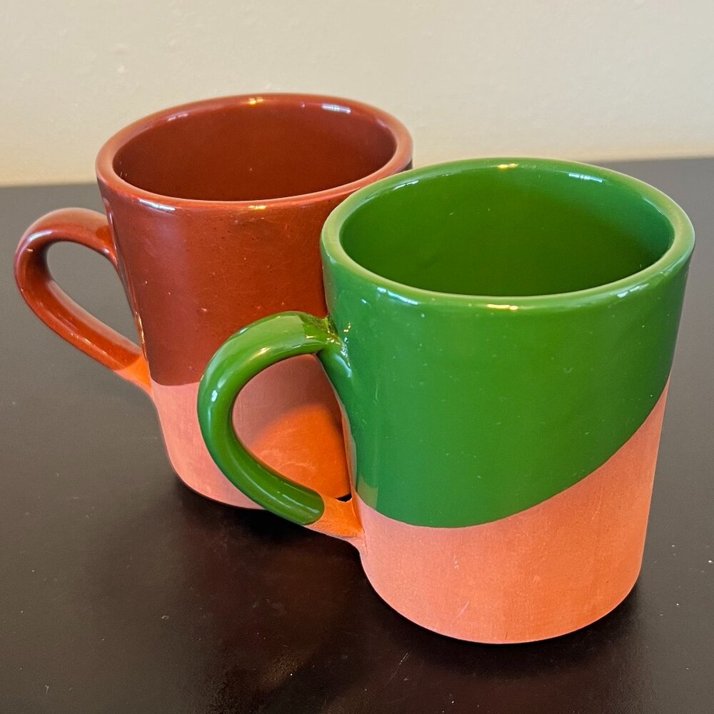 Set of 2 Handcrafted Terra Cotta Pottery Coffee Mugs Asymmetrical Dipped Glaze - Picture 2 of 13